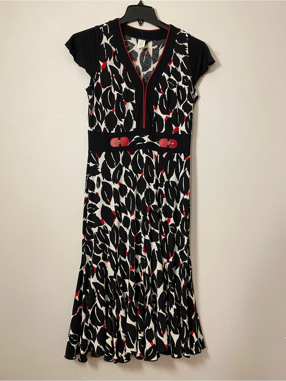 Black, White & Red Printed V-Neck Fit-and-Flare Dress